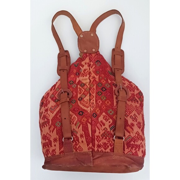 Handwoven Guatemalan Textile Lg Backpack Brown Leather Straps Hippie Boho main image 11